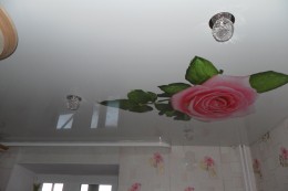 Фотопечать на глянцевом потолке на кухне